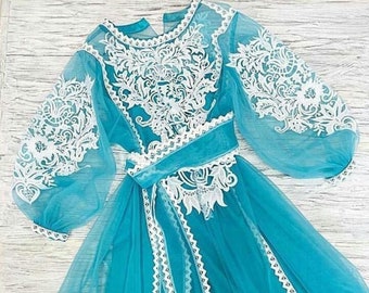 Turquoise tulle floral embroidered dress, luxury maxi long dress kaftan, custom wedding ukrainian traditional handmade custom vyshyvanka