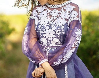 Light Lilac Luxury Tulle Ethnic Dress - Embroidered Bohemian Ukrainian Long Dress Vyshyvanka - Wedding Floral Dress - Flower Caftan Abaya