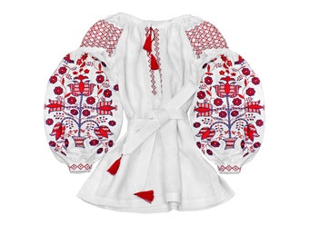 White embroidered ethnic linen blouse - ukrainian floral vyshyvanka - bohemian loose tasseled handmade multicolored modern chic blouse