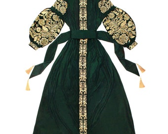 Velvet green dress with gold floral embroidery - ukrainian folk bohemian authentic ethnic dress - kaftan abaya robe