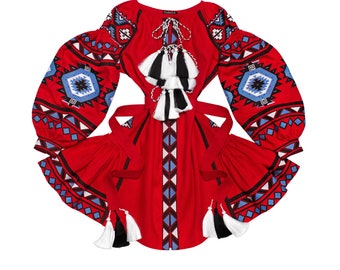 Red Short Summer Linen Dress - Folk Ethnic Ukrainian Dress Vyshyvanka - Bohemian Slavic Style - Boho Chic Summer Dress