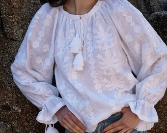 White Embroidered Linen Bohemian Blouse - Tasseled Boho Ukrainian Vyshyvanka Blouse - Traditional Folk Bohemian Ethnic Style Chic Mexican