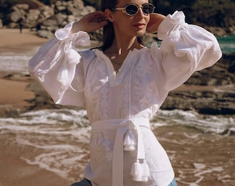 White Embroidered Linen Folk Bohemian Blouse, Ukrainian Traditional Boho Vyshyvanka Blouse - Summer Loose Ethnic Style Chic Blouse