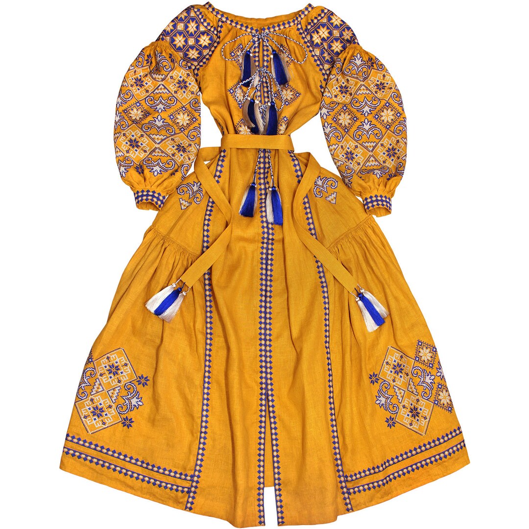 Boho Style Ocher Color Ukrainian Dress With Ancient Geometric Ornament ...