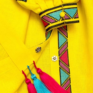 Yellow short embroidered dress vyshyvanka ethnic ukrainian folk boho dress, linen authentic bohemian tasseled summer folk vyshyvanka image 5
