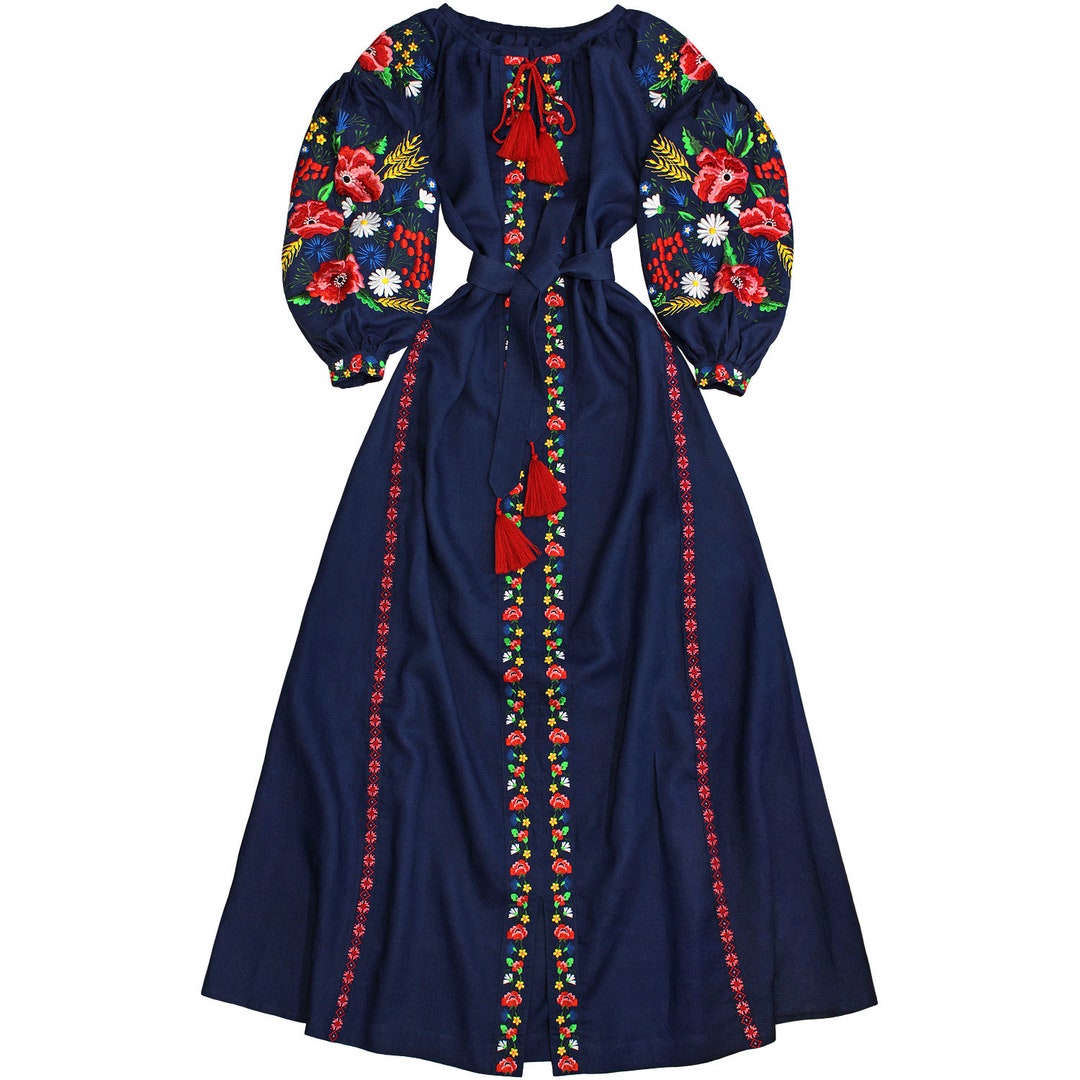 Navy Blue Ukrainian Dress Vyshyvanka With Floral Pattern - Etsy