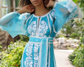 Turquoise tulle floral embroidered dress, luxury maxi long dress kaftan, custom wedding ukrainian traditional handmade custom vyshyvanka