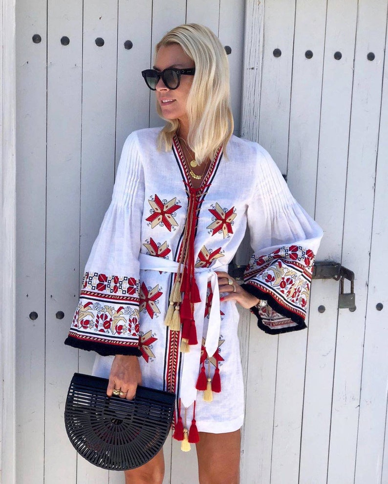 White Embroidered Ethnic Linen Dress Ukrainian Short Folk - Etsy
