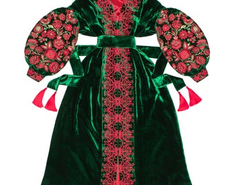 Green Velvet Ethnic Embroidered Dress - Folk Flower Custom made Vyshyvanka - Ukrainian Loose fit Traditional Dress - Kaftan Abaya Robe