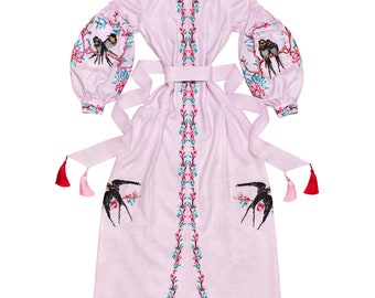 Lilac embroidered linen flowered dress - folk ethnic ukrainian dress vyshyvanka - bohemian long loose fit custom clothing - kaftan abaya