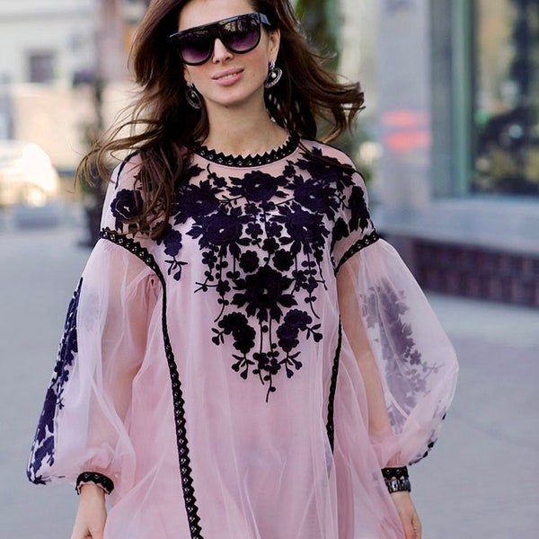 Light Pink Luxury Tulle Ethnic Dress - Embroidered Bohemian Ukrainian Long Dress Vyshyvanka - Wedding Floral Dress - Flower Caftan Abaya