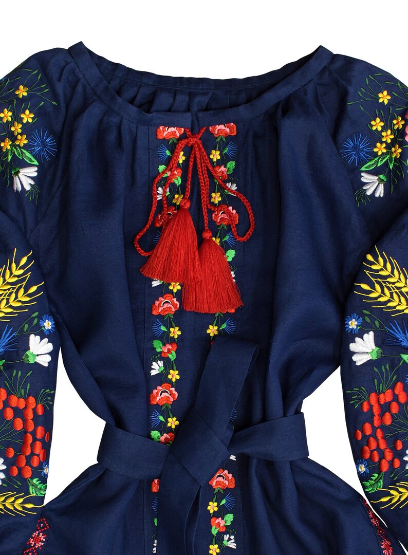 Navy blue ukrainian dress vyshyvanka with floral pattern ...