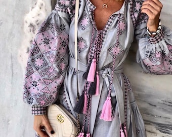 Short gray embroidered ukrainian dress vyshyvanka - bohemian style folk linen ethnic dress - 100% natural linen - free shipping