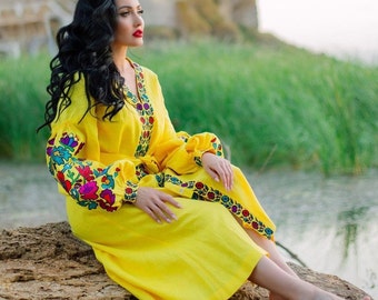 Yellow ukrainian dress linen long vyshyvanka, maxi folk ethnic floral embroidered dress, authentic summer dress