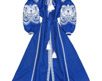 Blue Long Maxi Linen Embroidered Dress - Bohemian Folk Ukrainian Ethnic  Vyshyvanka - Mexican Summer Dress - Embroidered Kaftan Abaya Robe