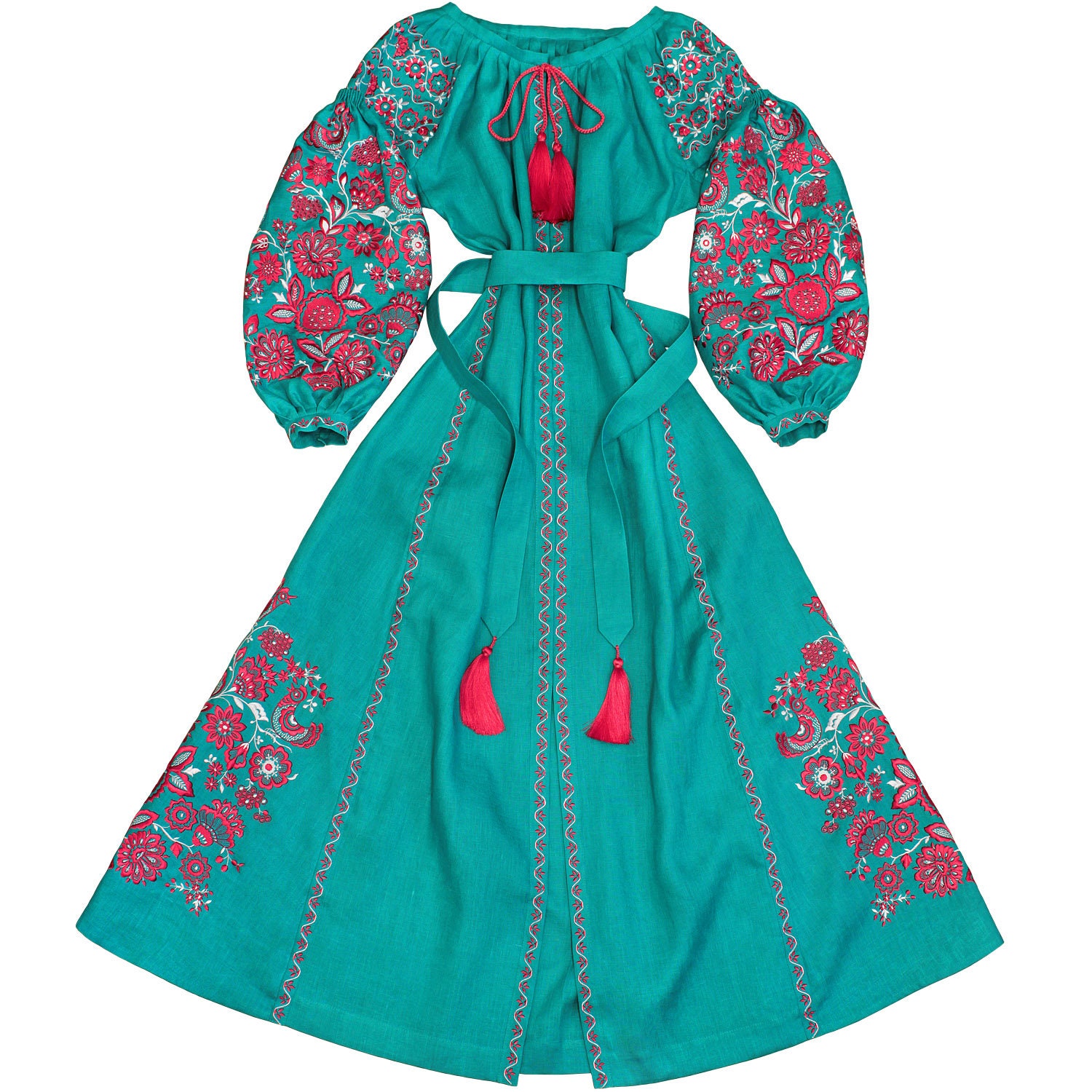 Turquise Linen Ethnic Floral Maxi Long Dress Ukrainian Folk - Etsy
