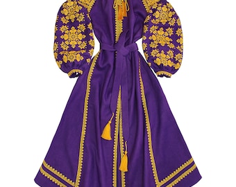 Purple embroidered ukrainian dress vyshyvanka - linen long ethnic folk dress with geometric pattern - free shipping - kaftan abaya robe