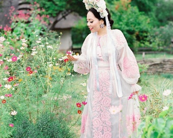 Light Gray Embroidered Tulle Dress Vyshyvanka, Ethnic Ukrainian Luxury Dress, Floral Boho Chic Modern Folk Dress - Authentic Kaftan