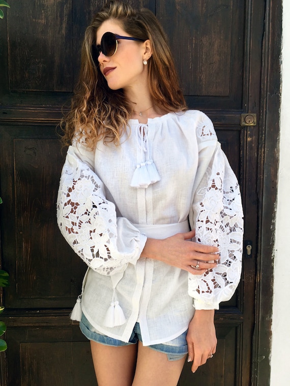 gypsy traditional modern boho chic blouse geometric ukraine boho tasseled folkloric vyshyvanka White ethnic linen ukrainian blouse