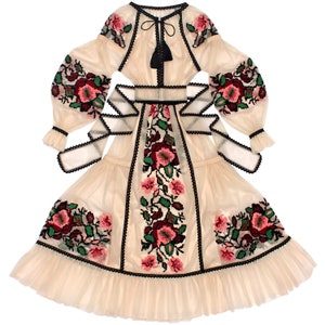 Tulle Embroidered Dress With Floral Embroidery, Ukrainian Folk Ethnic Dress Vyshyvanka, Maxi Long Boho Slavic Dress, Kaftan Abaya Robe