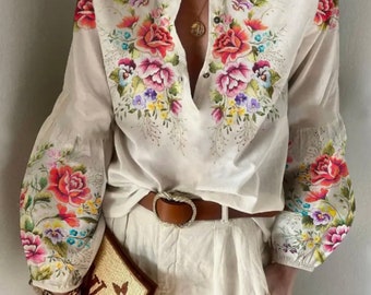 Beige Embroidered Linen Bohemian Blouse, Boho Folk Ukrainian Vyshyvanka, Ethnic Style Chic Ukraine Blouse, Floral Ukrainian Vyshyvanka