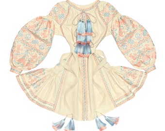 Off-white Embroidered Ethnic Short Dress - Folk Ukrainian Dress Vyshyvanka - Boho Chic Bohemian Style - Slavic Authentic Summer