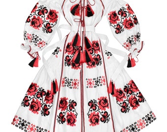 White Linen Embroidered Floral Dress - Peasant Boho Long Maxi Dress - Bohemian Embroidered Dress - Frida Khalo Dress - Kaftan Abaya Robe