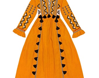 Orcher Tasseled Long Maxi Ethnic Linen Embroidered Dress - Ukrainian Folk Dress Vyshyvanka - Boho Chic Summer Dress - Kaftan Abaya