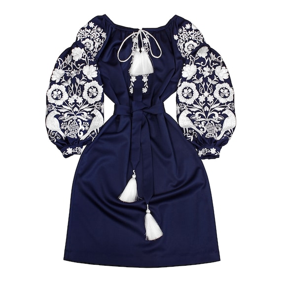 Woolen Embroidered Navy Blue Dress Ethnic Folk Winter Dress | Etsy