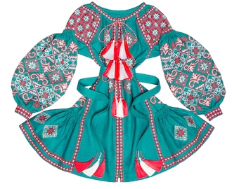 Embroidered short turquoise linen dress with ethnic geometric pattern - tasseled ukrainian dress vyshyvanka - 100% natural linen