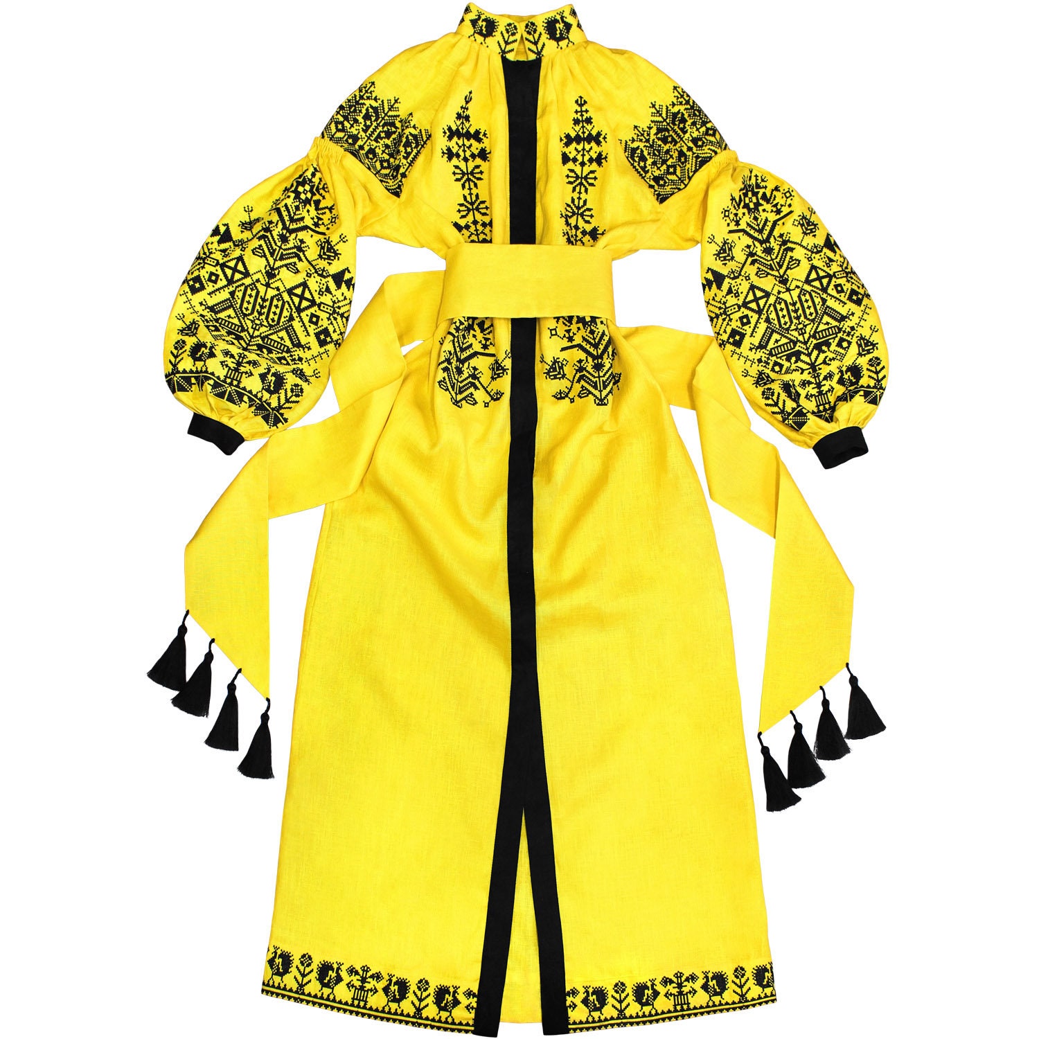 Long Yellow Embroidered Linen Dress Vyshyvanka Ethnic Style Etsy