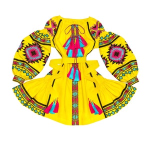 Yellow short embroidered dress vyshyvanka ethnic ukrainian folk boho dress, linen authentic bohemian tasseled summer folk vyshyvanka image 2