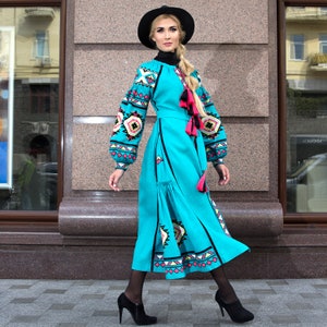 Long turquoise dress vyshyvanka ethnic authentic ukrainian style - slavic folk linen long maxi bohemian loose dress - abaya kaftan robe