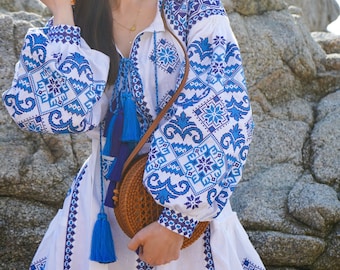 Embroidered short white linen dress, summer tasseled bohemian ukrainian loose tailored vyshyvanka, authentic traditional dress