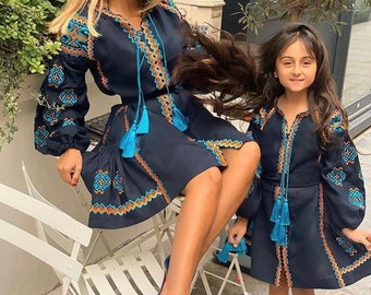 Mother Daughter Matching Dresses, Summer Mother Daughter Matching Dresses, Dark Blue Dress For Mommy And Kids, Girls Mom Daughter Dresses