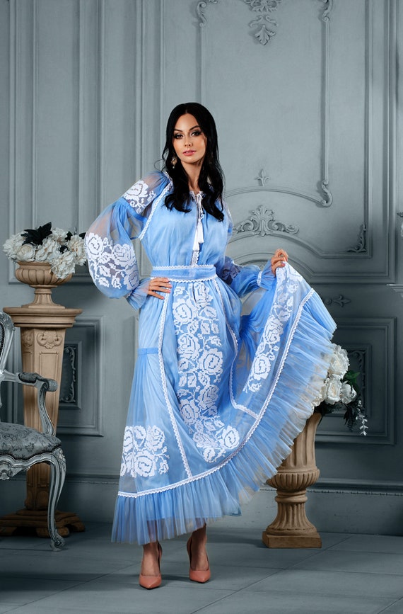 Light Blue Luxury Tulle Ethnic Dress ...