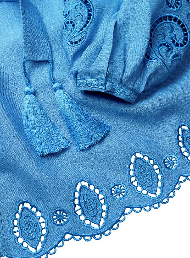 Blue Embroidered Ethnic Short Dress Folk Ukrainian Dress cut-embroidery Vyshyvanka Boho Chic Bohemian Richelieu Style Slavic Authentic image 6