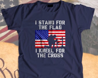 Amerikanisches Flaggen-Shirt, patriotisches USA-Christliches T-Stück, ich stehe für die Flagge, ich knie für das Kreuz