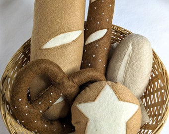 Brötchen Set mit Brezel, Baguette und Laugenstange aus Filz für Kinderküche oder Kaufladen, Felt Food, Geschenk, Spielen, Essen, Spielessen