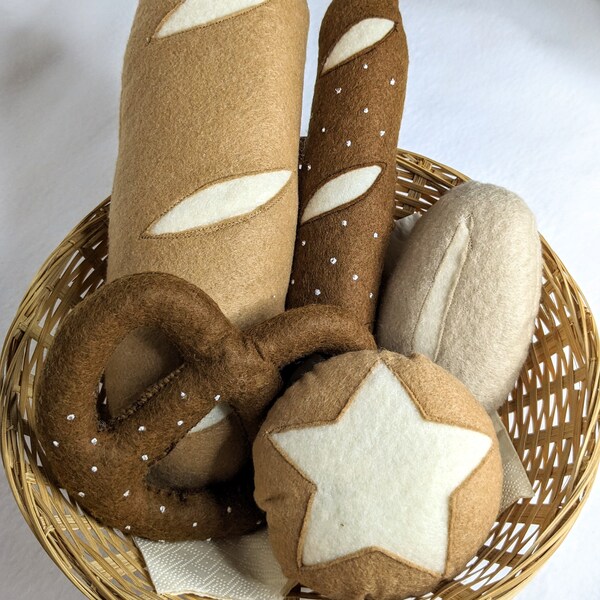 Brötchen Set mit Brezel, Baguette und Laugenstange aus Filz für Kinderküche oder Kaufladen, Felt Food, Geschenk, Spielen, Essen, Spielessen