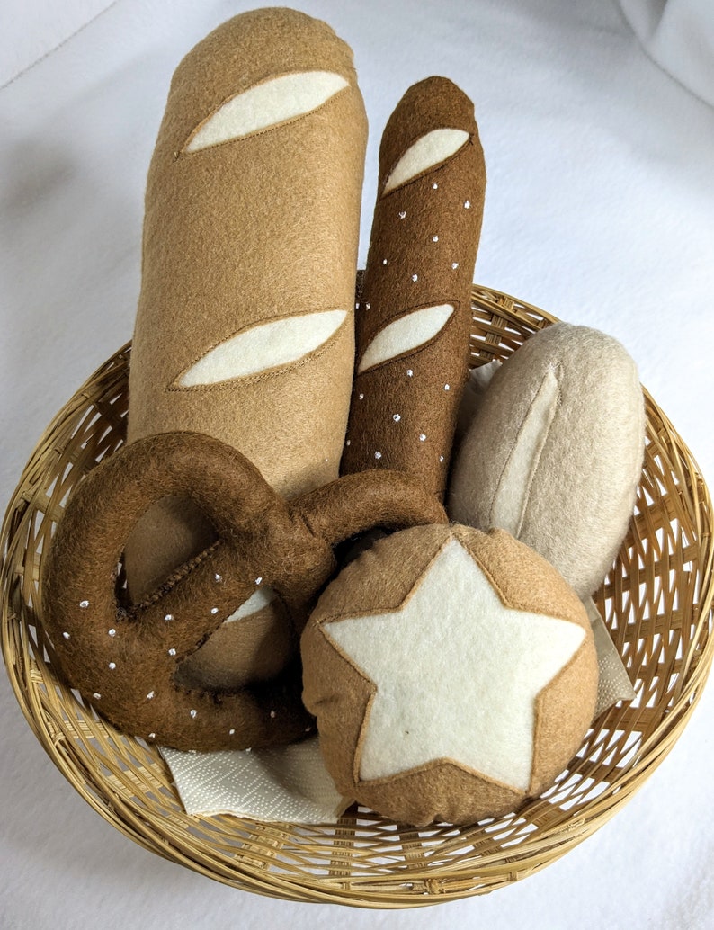 Brötchen Set mit Brezel, Baguette und Laugenstange aus Filz für Kinderküche oder Kaufladen, Felt Food, Geschenk, Spielen, Essen, Spielessen Bild 1