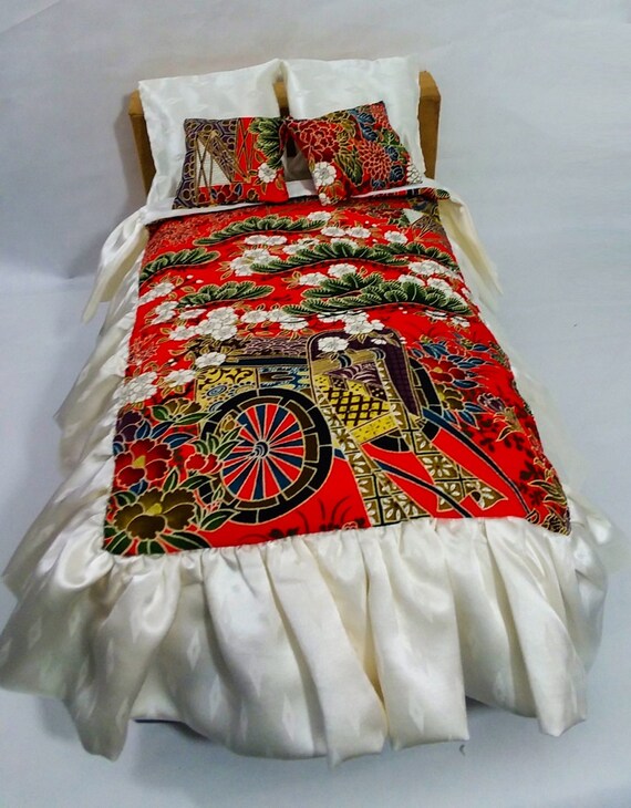 Doll Bedding Red Asian Print Reversible Set Barbie Or Tonner Doll Bedding Red Asian Print Reversible