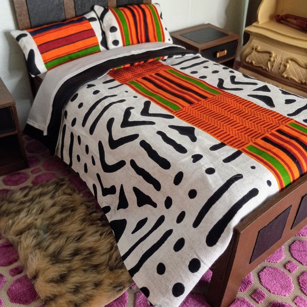 Ensemble de literie africain 3 pièces pour poupée à l'échelle 1:6 avec drap attaché + 2 oreillers -- Livraison gratuite