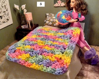 Miniature crocheted dollhouse throw/blankets -some with a pillow 1/6 scale.  OOAK.  Sizes, colors and designs vary.  No two exactly alike.