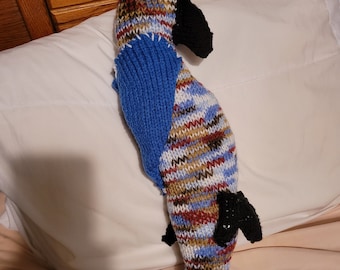 16 Inch Tall Hand Knit Stuffed Parrot - Multi Colored with Dark Blue Wings