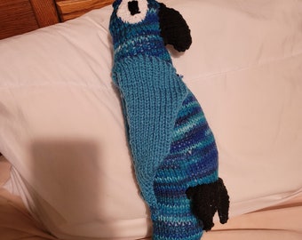 16 Inch Tall Hand Knit Stuffed Parrot - Multi Colored Blues