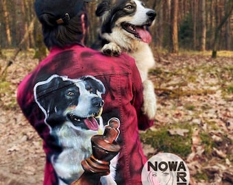 May include: A red denim jacket with a painted image of a dog and a chess piece on the back. The dog is a black and white border collie. The text "NOWA ART" is on the bottom right corner of the jacket.