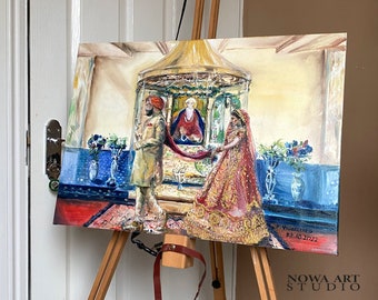 May include: A painting of a wedding ceremony in a Sikh temple. The couple is dressed in traditional Indian clothing and standing in front of a golden canopy. The painting is signed and dated "J. Vyasot 23.10.2022".