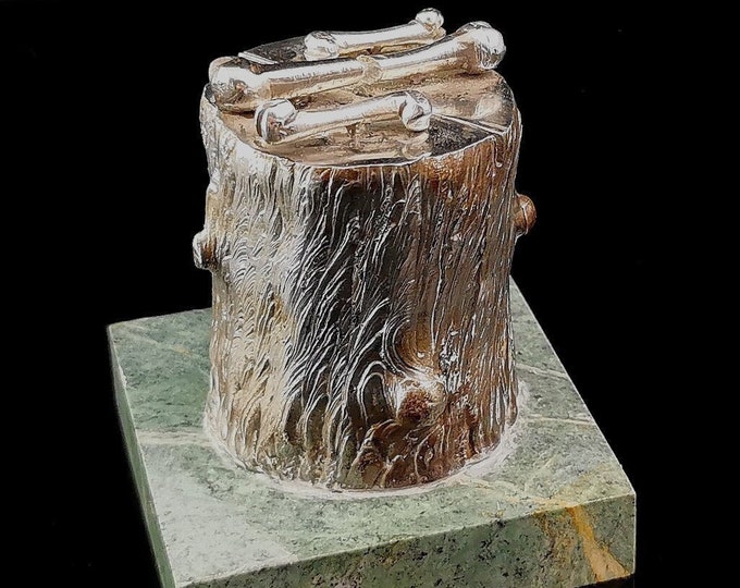 Rare antique desk model, chopping block, Marble and silver plate, bones