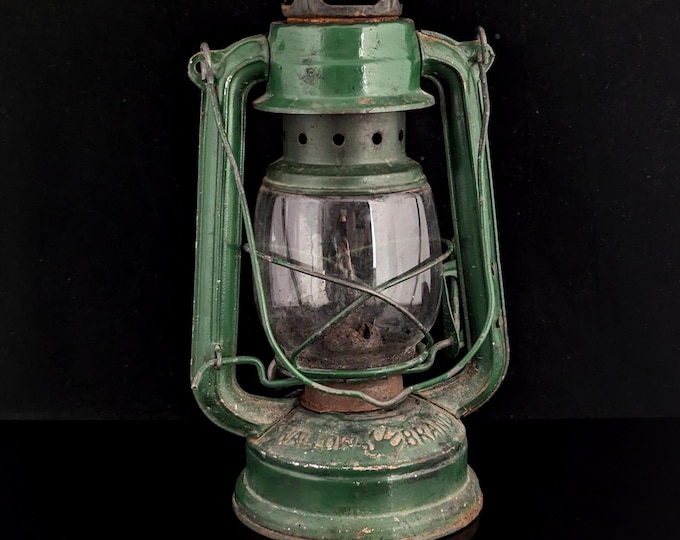 Vintage storm lantern, green enamel, Chinese